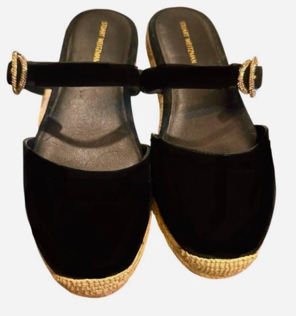 Stuart Weitzman Crystal Buckle Suede Black Espadrille US 7